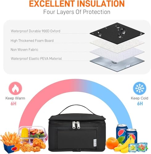 Image of Insulated Lunch Bag for Office, Black Reusable Food Container with Zipper Closure and Carrying Handle (Black)