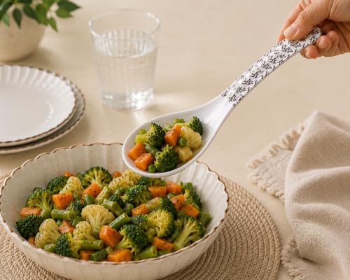 Image of Melvio By Malti 2 Pcs Serving Spoon Set for Dining & Serving | Premium Melamine Soup & Curry Spoons with Elegant Floral Design | Dishwasher Safe Serving Spoons for Rice, Dal | White, 9 Inch