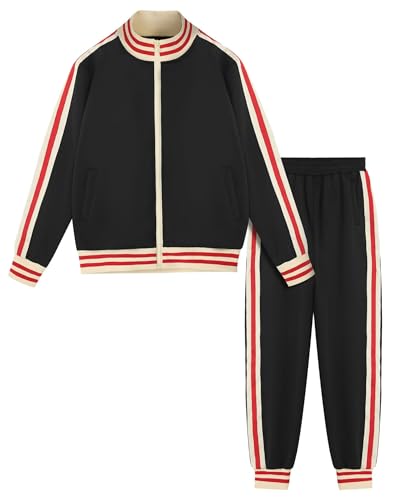 BPXOEO Conjunto de chándal de manga larga con cremallera completa para niño, chaqueta activa y pantalones deportivos, 2 piezas, para niños de 4 a 12 años, Negro -, 5-6 años