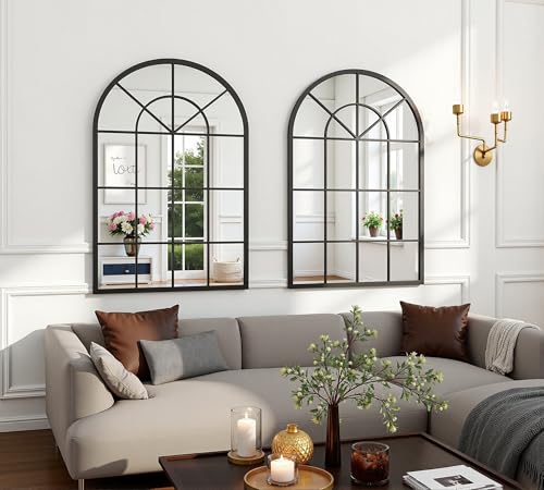 Image of Dewfig Arched Wall Mirror, 42 inchx30 inch Metal Frame Windowpane Mirror, Black