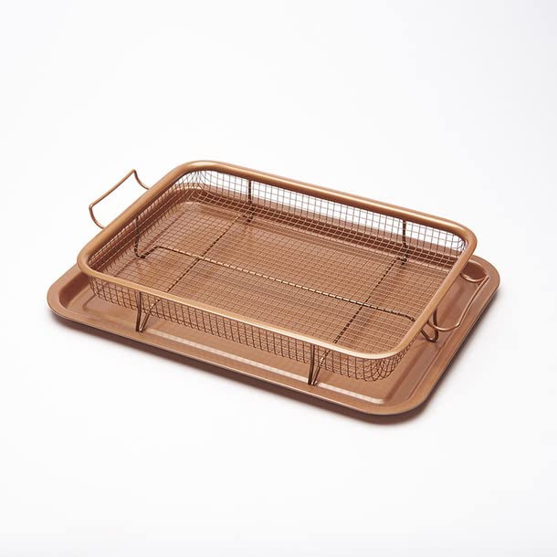 Copper Crisping Frying Tray | Non Stick Oven Baking Pan Tray | with Elevated Mesh Crisping Grill Basket | 2-in-1 Piece Set | L32.5xW24.5xD2cm | from Easylife