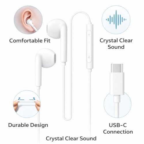 Image of Original Type-C Wired Earphones Compatible with iPhone 15, 16, 17 Featuring Rich Stereo Sound, HD Voice Microphone, in-Line Media Controls and Lightweight Comfortable Design (White) (Off White)