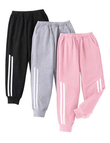 Girls' 3 Pack Sweatpants Kids Cotton Elastic Waisted Joggers Athletic Pants with Pockets 4-12 Years