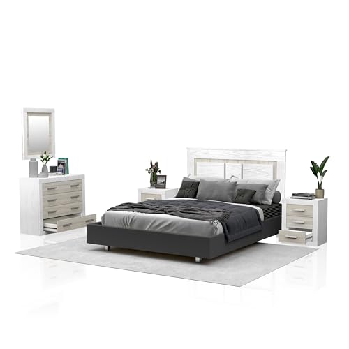 duehome | Pack de Dormitorio con Cabecero + 2 mesitas de Noche + Comoda y Espejo, Conjunto de Dormitorio, Dormitorio Completo, Modelo Kira 4c, Acabado en Andersen Pino y Gris
