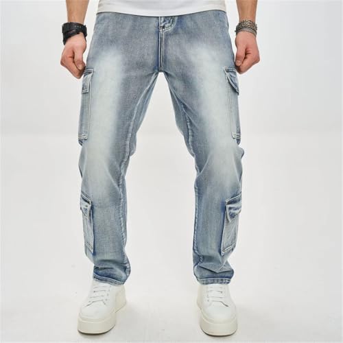 Men Pockets Loose Cargo Jeans Trousers Solid Casual Straight Denim Pants3