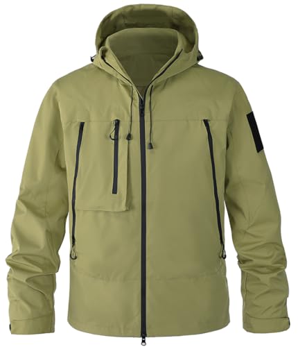 WINKEEY Chaqueta Hombre con Capucha Múltiples Bolsillos Repelente al Agua Chaquetones de Hombres Casual Duraderas Deportiva Ropa Hombre,Verde XL