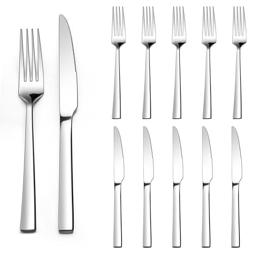 Homikit Steakbesteck Set, 12-teilig Edelstahl Steakmesser und Steakgabel, Steakbesteck Set für 6 Personen, Silber Besteckset mit Quadrat Griff für Haus Restaurant Hotel, Rostfreie & Spülmaschinenfest