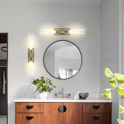 Image of Glass Tube Wall Sconces, 24in Bathroom Vanity Light Fixtures 2-Light Double Glass Sconces Wall Lighting Bathroom Wall Lights for Mirror, Living Room, Bedroom, Hallway (Including Extra Bulbs)-Brass