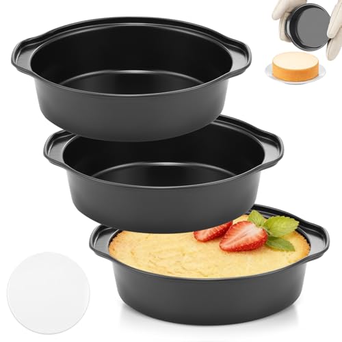 Gymdin 6 Inch Cake Pan - 3PCS Carbon Steel Round Cake Pans with 100 Pieces Parchment Paper Non-stick & Easy Demolding Non-toxic & Healthy