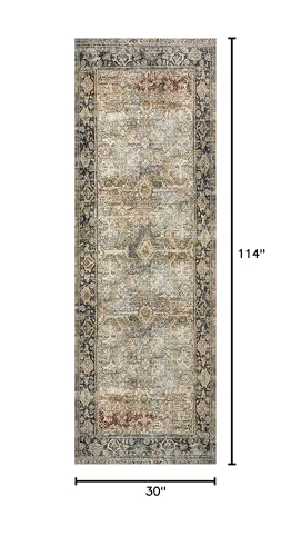 Loloi Layla Collection LAY-03 Olive/Charcoal 2'-6" x 9'-6" .13" Thick Runner Rug, Soft, Durable, Vintage Inspired, Distressed, Low Pile, Non-Shedding, Easy Clean, Printed, Living Room Rug