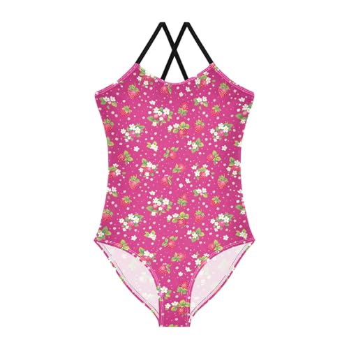 senya Girls Swimsuits One-Piece Swimwear Tie Bathing Suit Beach Summer Round Neck 5-6T Strawberries on Pink Pattern