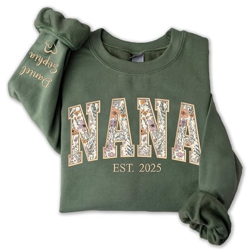 Personalized Floral Embroidered Applique Nana Sweatshirt for Women Custom Nana Gifts from Grandkids Mimi Sweater Grandma Crewneck Mothers Day Apparel Grandmother Birthday Christmas 2026