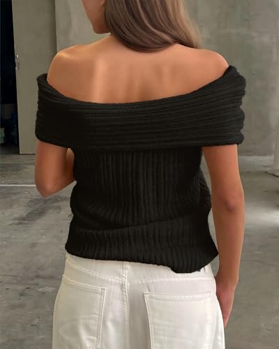 Image of Womens Off The Shoulder Sleeveless Sweater Tops Summer Ribbed Knit Pullover Sweaters Black