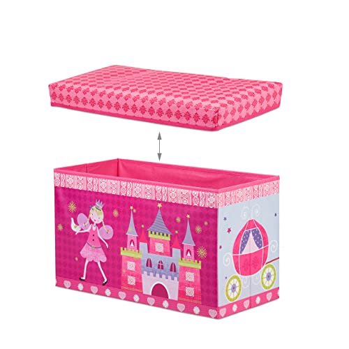 Relaxdays Sitzbox Kinder, Faltbare Aufbewahrungsbox mit Stauraum, Deckel, Prinzessin & Fee, 50 Liter, platzsparend, pink