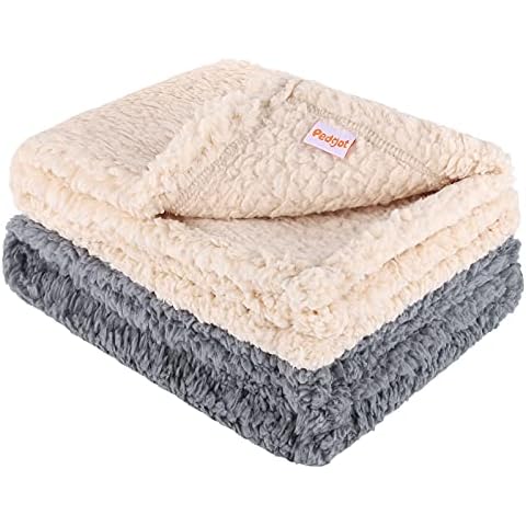 Pedgot 2 Pieces 39.4 x 31.5 Inches Pet Blanket Fluffy Puppy Kitten Throw Blanket Washable Sleep Mat Pad for Cats and Dogs, Beige, Grey Cover