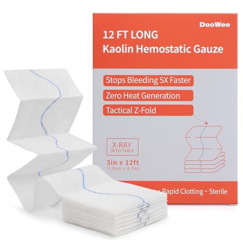 DooWee Kaolin Hemostatic Gauze Advanced Z-Fold Combat Dressing for Emergency Bleeding Control Quick Clotting Gauze with X-Ray Line for First Aid & IFAK Kits 3in x 12ft