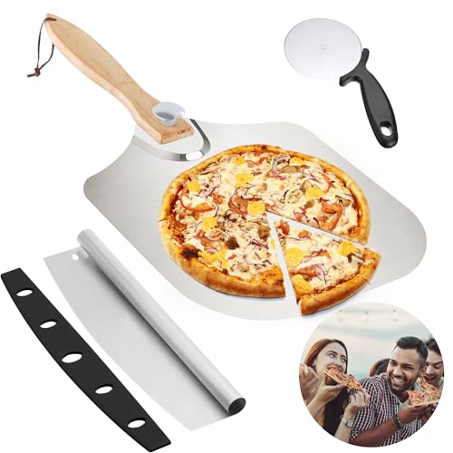 Aslanka Juego de preparación de pizza, espátula de pizza plegable de aluminio con cortador de pizza y cortador de pizza, accesorios de horno para hornear masa de pizza casera