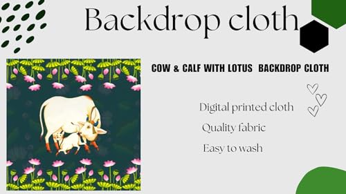 Image of Cow Backdrop Cloth Decoration| Cow Backdrops for Home Decoration Pooja House Warming, Functions (pichwai Backdrop Cloth for Decorations 8x8 feet Dark Green) (Knit Fabric) pongal Decorations backdrops