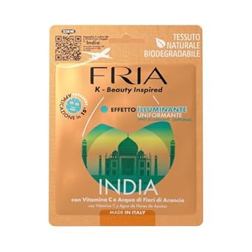 Fria K-Beauty Maschera Viso India con Vitamina C e Acqua di Fiori di Arancio, Effetto Illuminante e Uniformante sulla Pelle, Dermatologicamente Testata, Confezione da 1 Maschera