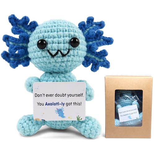 TREGLOWAVY Handmade Crochet Axolotl with Message Card Emotional Support Gift Uplifting Desk Ornament Cute Motivational Gift for Friends & Coworkers (Blue)