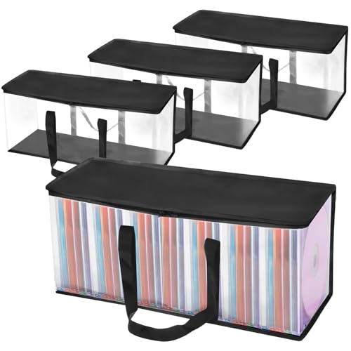 QWORK® Pack de 4 Bolsas para Guardar DVD, Espacio para 160 DVD, CD, Videojuegos, PVC Transparente y Tela de poliéster, con Cremallera y Asas reforzadas