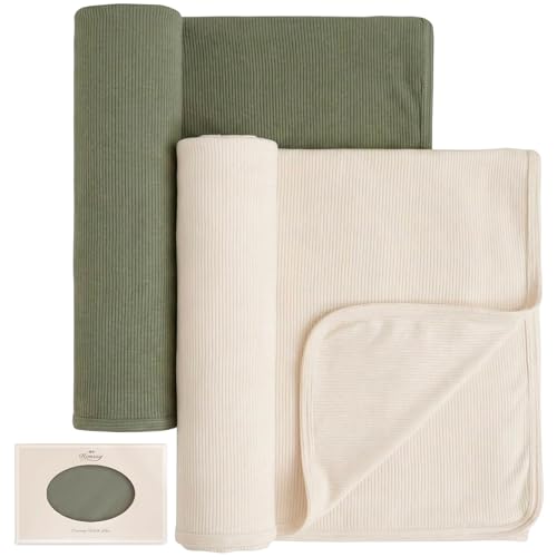 Image of Konssy Knit Baby Blanket 2 Pack, Soft Ribbed Swaddle Receiving Blankets for Boys & Girls, Lightweight Cozy Swaddling Wrap for Newborns, Infants, & Toddlers, 33x42 Inch (Beige, Sage)