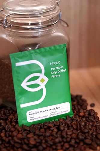 Image of bhuba Premium Portable Pour Over Drip Coffee Filters 120g | 100% Arabica Speciality Coffee Beans | Medium Roast | Tasting Notes - Lemon, Cherry and Chocolate (Pack of 10, 12g Each)