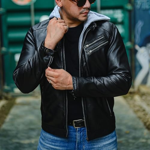 Image of Jild Hooded 2.0 Leather Jacket Men - Genuine Lambskin Leather Bomber Jacket with Removable Hood for Mens Fashion