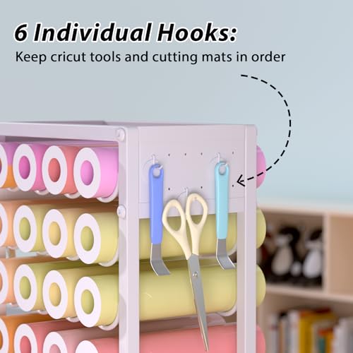 Mobile Vinyl Roll Holder Cart - 40 Compartments Vinyl Storage Organizer with 6 Hooks & Extra Paper Roll Organizer Tray on 2 Side, Cricut Vinyl Storage Rack Gifts Wrapping Paper Holder for Craft Room - Image 4