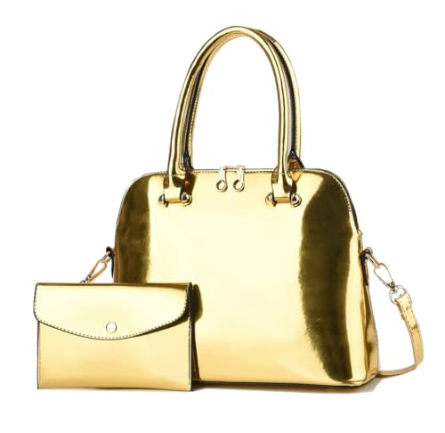 Bolsas de couro envernizado brilhante bolsa de ombro elegante com alça superior vem com mini clutch para mulheres, Dourado