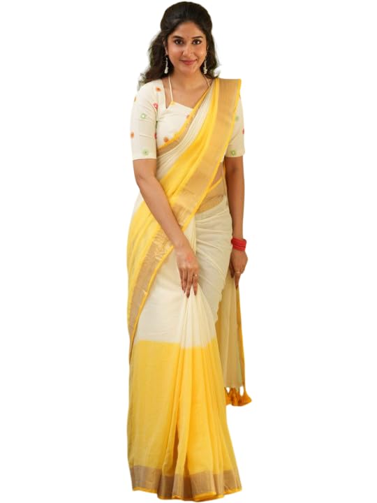 Image of Women's Cotton Silk Handloom Plain Solid Golden Zari Border Saree with Unstitched Blouse Piece | 5.5 Meter Saree + 0.8 Meter Blouse Piece | Traditional Ethnic Wear