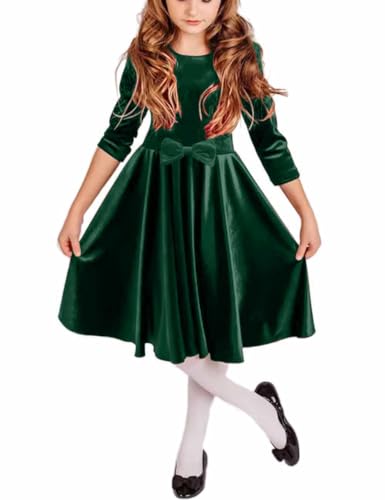 Flower Girl Dress Velvet 3/4 Sleeve Waist Bow Holiday Party Twirl Dresses with Pockets for Girls 4-12T