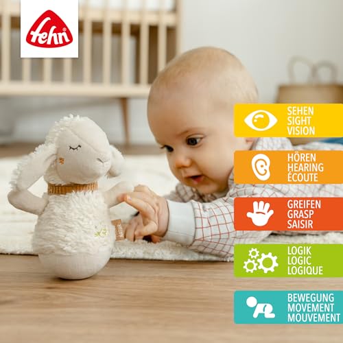 Fehn Mini-Stehauf Schaf Natur – Lustiges Motorikspielzeug - aus Baumwolle aus biolgischem Anbau - Babyspielzeug zum Greifen, Tasten, Fühlen und Stupsen - Stehaufmännchen für Kleinkinder ab 0+ Monaten