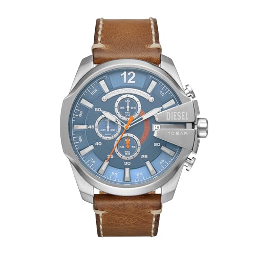 Diesel Montre pour Homme Mega Chief, Mouvement Chronographe à Quartz, Boîtier en Acier Inoxydable de 51 mm avec Bracelet en Cuir, Dz4458