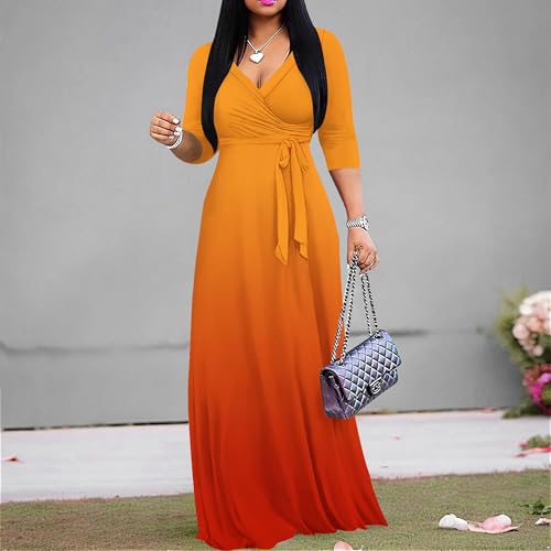 Image of PinkPatty Women's Plus Size Maxi Dress Casual 3 /4 Sleeve Dress with Belt | Soft stretch feel, printed style, flowy A-line fit, v neck, waist tie, side pockets, for vacation, party and daily wear