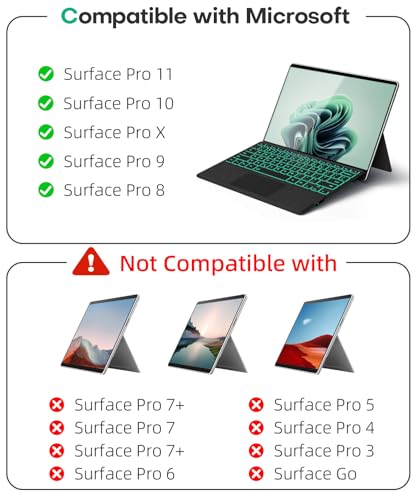Image of Surface Pro Keyboard, Wireless Type Cover for Microsoft Surface Pro 11 /10 /9 /8 /X, 7 Color Backlit Bluetooth Ultra-Slim Portable Magnetic Keyboard with Trackpad, Rechargeable Battery, Windows