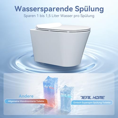 Hänge WC Wand WC Spülrandlos mit Toilettendeckel mit Absenkautomatik - geruchsarmer Tiefspüler WC - Toilette aus Keramik mit Nano Beschichtung - WC kloschüssel mit Einloch-Superspin-Spülung – Bild 6