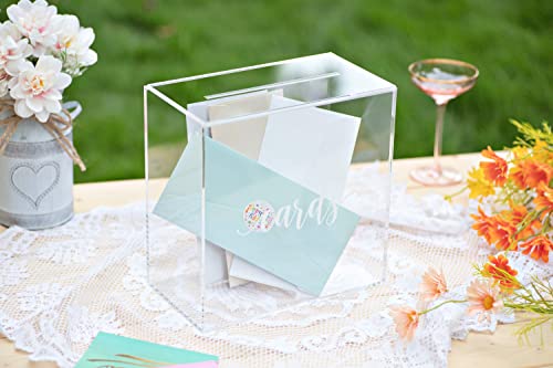 Image of UNIQOOO Clear Acrylic Card Box w /Slot, Thick DIY Wedding Box Blank White Print, Large 10x10x5.5 in, for Reception Decoration Fundraiser Money Box Election Ballot Graduation Keepsake Party Favor