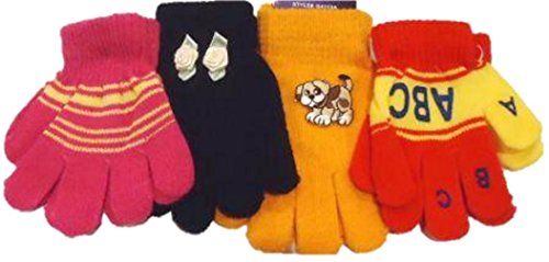 Set of Four One Size Stretch Microfiber Lined Magic Gloves for Infant and Toddlers Ages 1-4 Years (Black, Pink, Yellow, and Letters)