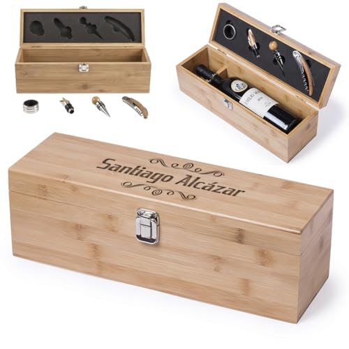 Planetacase Caja de Madera Personalizada para Regalo de Vino - Set Accesorios Sumiller con Estuche y Texto Personalizado