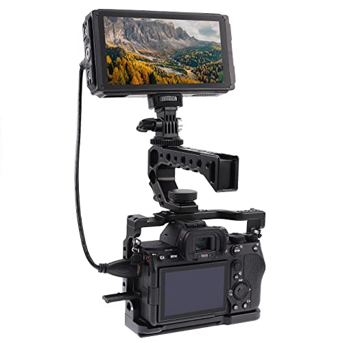 Image of Camera Cage for Sony A7 IV A7S III DSLR Camera with Quick Release 1 /4 inches 3 /8 inches Screw and Cold Shoe Expansion Microphone Monitor Fill Light, Black
