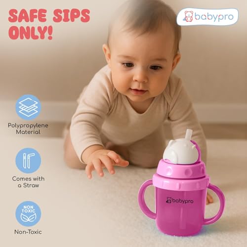 Image of BabyPro Baby Sipper Mug with Straw, 180 ml, Pink, for Babies 1+ Years | Toddler Drinking Bottle, Spill Proof, BPA Free, Easy Grip, Soft Spout, Leak Proof