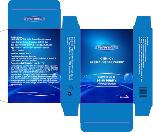 INNOCOSVATE GHK-Cu Copper Peptide Powder 99.9% Pure -Cosmetic Grade Blue Copper Peptide for Anti-Aging & Skin Repair -Ultra-Fine Soluble Crystals（1G）