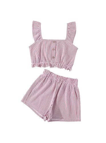 Image of Girl's Summer Clothing Sets Knit Ruffle Striped T-Shirt and Shorts 2 Piece Outfits