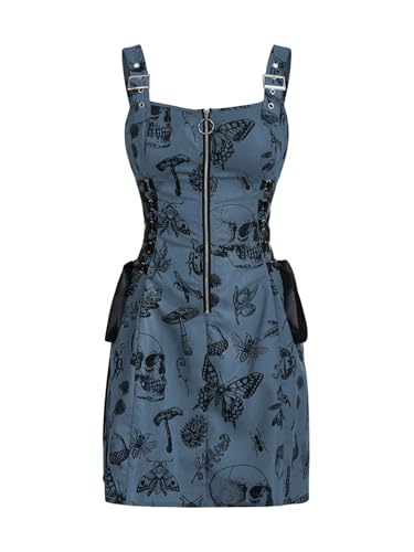 Image of SOLY HUX Women's Gothic Zipper Bodycon Mini Dress Skull Print Tie Up Sleeveless Mini Dresses