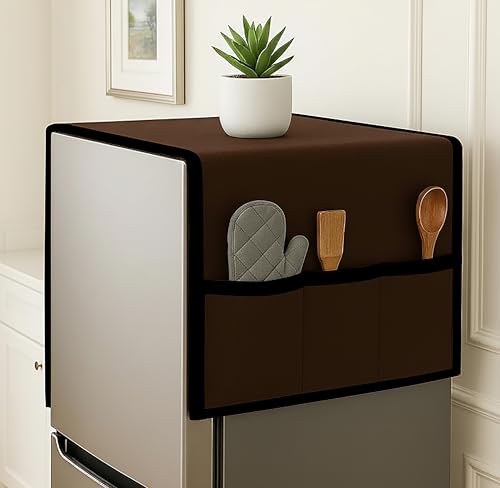 Image of Refrigerator Single Door Waterproof, Dustproof, Refrigerator Top Cover, Protective Cover for Fridges with Extra Storage Space Nylon Top cover with 6 Storage Pockets ( Coffee, 130 x 54 cm )