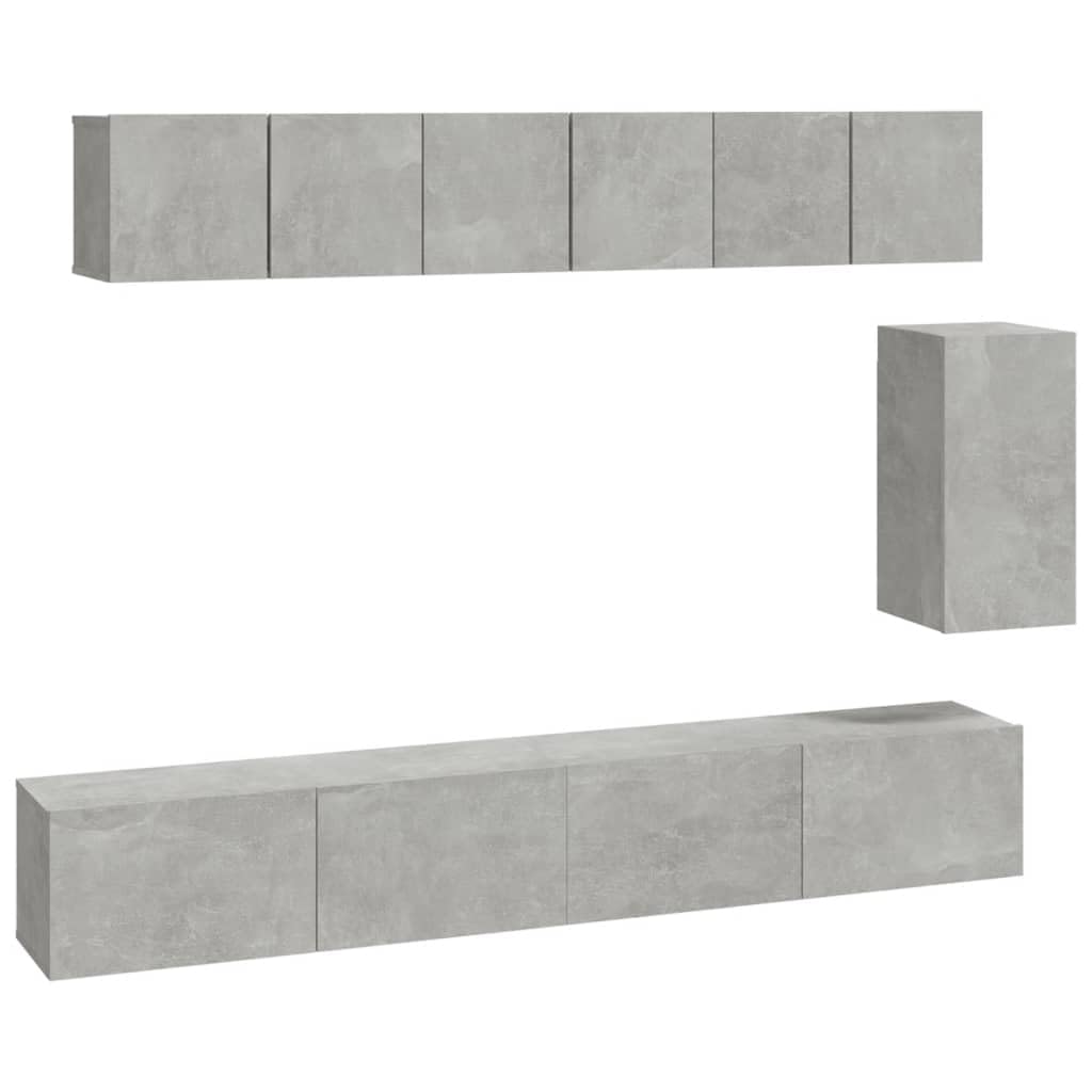 6-TLG. TV-Schrank-Set, Betongrau Holzwerkstoff, modernes Media-Center für Wohnzimmer, stabile Hängeschränke, vielseitige Aufbewahrung