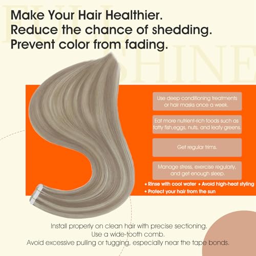 Image of Full Shine Tape ins Human Hair Extensions Color 18 Ash Blonde Highlight 613 Blonde Tape in Hair Extensions 24Inch Invisible Remy Skin Weft Add Length 40Pcs 100Gram Soft Silky