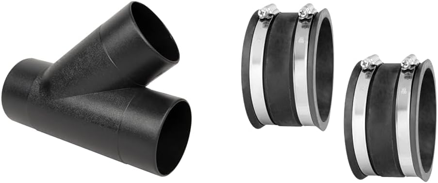 POWERTEC 70106 4-Inch Y-Fitting Dust Collection Hose Connector, Black & 70149-P2 4 Inch Dust Control Flex Cuff with Steel Hose Clamps