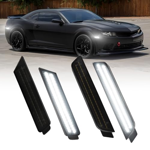 AUTOONE LED Side Marker Lights White Compatible With 5th Gen Chevrolet Camaro 2010-2015 Front & Rear Fender Side Markers Smoked Lens Driver & Passenger Side Bumper Lights Pack of 4